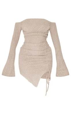 Shape Beige Brushed Rib Bandeau Flare Sleeve Ruched Side Mini Dress