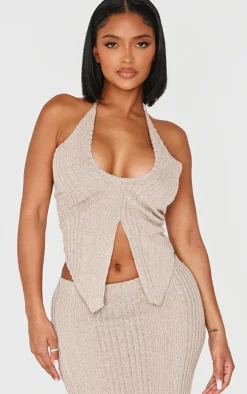 Shape Beige Brushed Rib Halter Neck Top