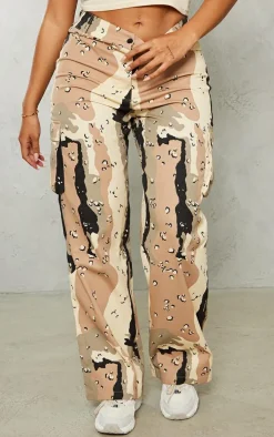 Shape Beige Camo Print Pocket Detail Wide Leg Cargo Pants