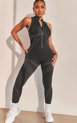 Shape Black Branded Contour Detail Zip Sports Jumpsuit