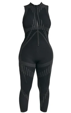 Shape Black Branded Contour Detail Zip Sports Jumpsuit