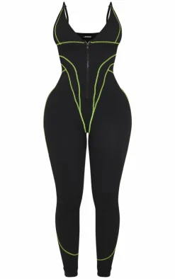 Shape Black Branded Contrast Stitch Zip Detail Gym Jumpsuit