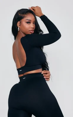 Shape Black Branded Open Back Long Sleeve Gym Crop Top