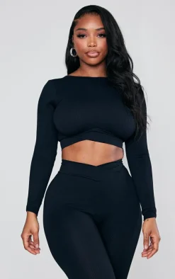 Shape Black Branded Open Back Long Sleeve Gym Crop Top
