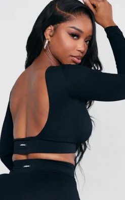 Shape Black Branded Open Back Long Sleeve Gym Crop Top
