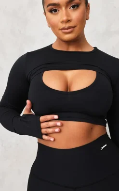 Shape Black Brushed Cotton Branded Active Overlay Crop Top