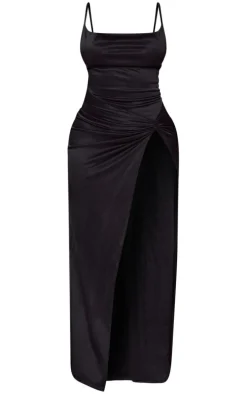 Shape Black Coated Cowl Twist Detail Split Maxi Dress