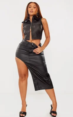 Shape Black Coated Denim Asymmetric Midi Skirt