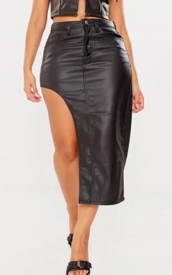Shape Black Coated Denim Asymmetric Midi Skirt