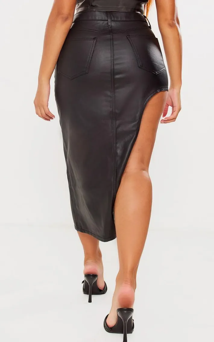 Shape Black Coated Denim Asymmetric Midi Skirt