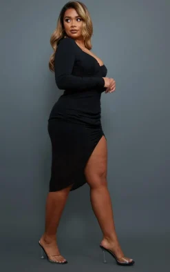 Shape Black Corset Detail Long Sleeve Ruched Midi Dress