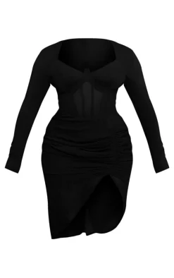 Shape Black Corset Detail Long Sleeve Ruched Midi Dress