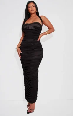 Shape Black Corset Detail Ruched Mesh Maxi Dress