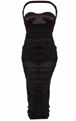 Shape Black Corset Detail Ruched Mesh Maxi Dress