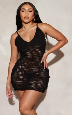 Shape Black Crochet Knit Strappy Mini Dress