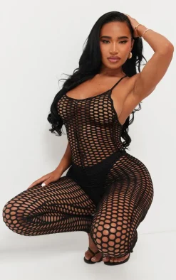 Shape Black Fishnet Strappy Jumpsuit