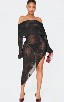 Shape Black Floral Devore Fold Over Asymmetric Long Sleeve Midaxi Dress