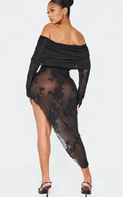 Shape Black Floral Devore Fold Over Asymmetric Long Sleeve Midaxi Dress