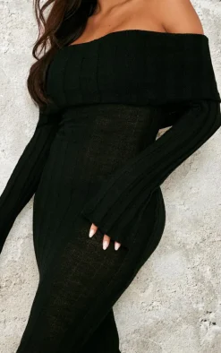 Shape Black Fold Over Bardot Rib Maxi Dress