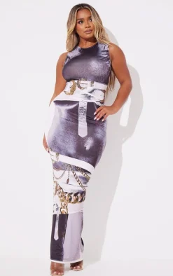 Shape Black Inverted Belt Body Print Racer Maxi Dress