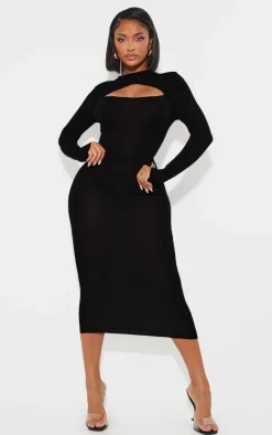 Shape Black Jersey Cut Out Long Sleeve Midi Dress