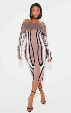 Shape Black Knit Abstract Print Bardot Midaxi Dress