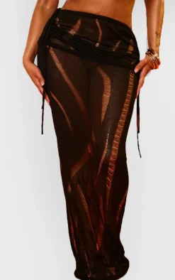 Shape Black Knit Ladder Detailed Low Rise Ruched Side Maxi Skirt