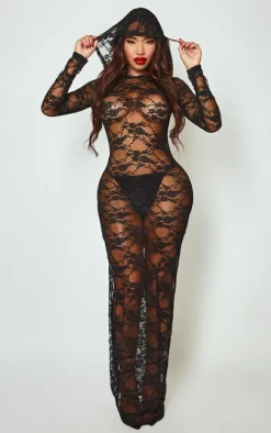 Shape Black Lace Hooded Long Sleeve Maxi Dress