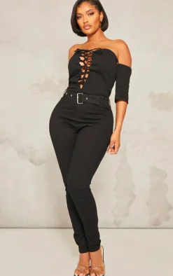 Shape Black Lace Up Bardot Stretch Denim Jumpsuit