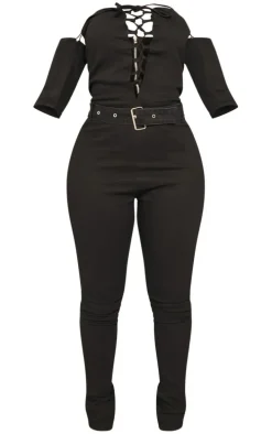 Shape Black Lace Up Bardot Stretch Denim Jumpsuit