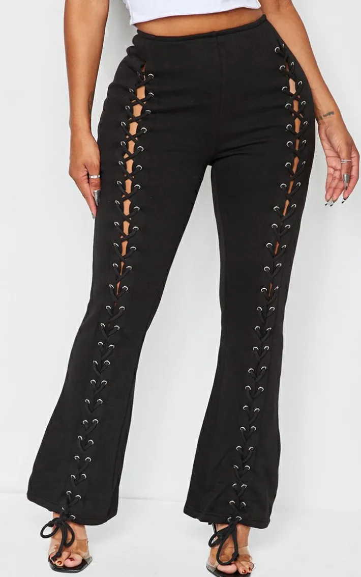 Shape Black Lace Up Front Wide Leg Sweatpants