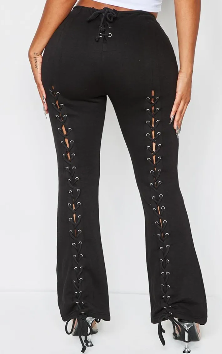 Shape Black Lace Up Front Wide Leg Sweatpants