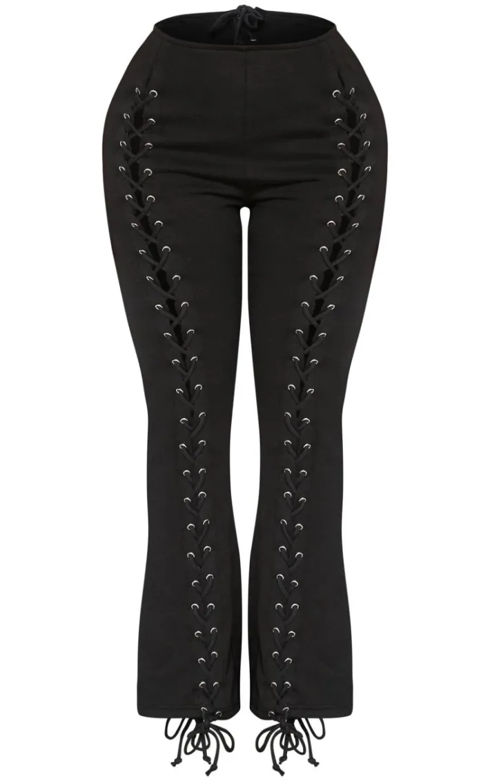 Shape Black Lace Up Front Wide Leg Sweatpants