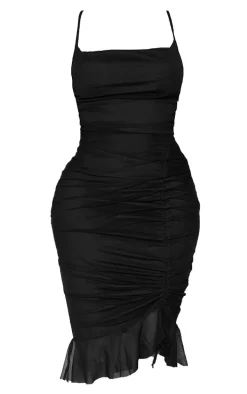 Shape Black Mesh Cowl Ruched Midi Dress