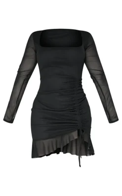 Shape Black Mesh Long Sleeve Ruched Side Frill Hem Bodycon Dress