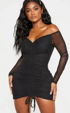 Shape Black Mesh Ruched Bardot Bodycon Dress