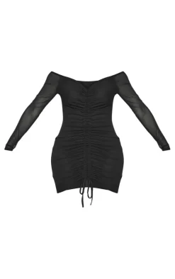 Shape Black Mesh Ruched Bardot Bodycon Dress