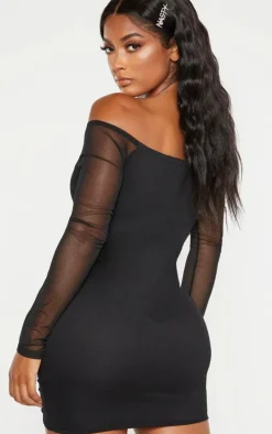 Shape Black Mesh Ruched Detail Bardot Bodycon Dress