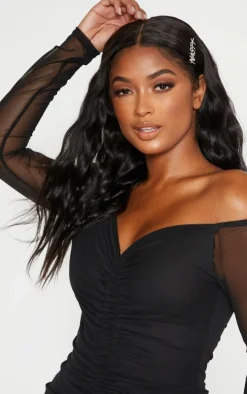 Shape Black Mesh Ruched Detail Bardot Bodycon Dress