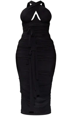 Shape Black Mesh Wrap Neck Tie Detail Midaxi Dress