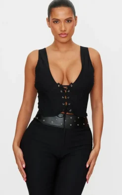Shape Black Plunge Front Lace Up Corset Top