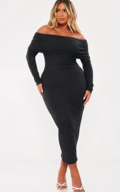 Shape Black Rib Bardot Long Sleeve Maxi Dress