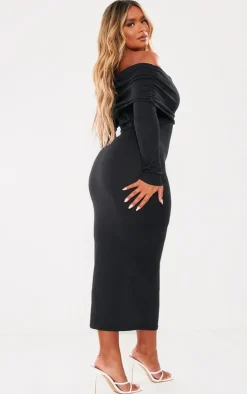 Shape Black Rib Bardot Long Sleeve Maxi Dress