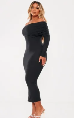 Shape Black Rib Bardot Long Sleeve Maxi Dress