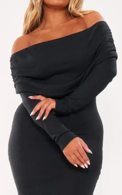 Shape Black Rib Bardot Long Sleeve Maxi Dress