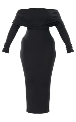 Shape Black Rib Bardot Long Sleeve Maxi Dress