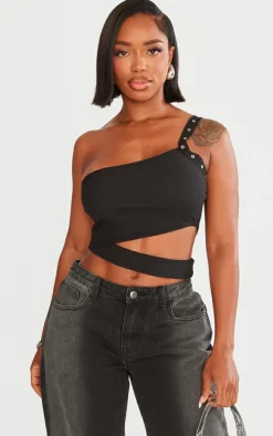 Shape Black Rib Cut Out Studded Strap Crop Top