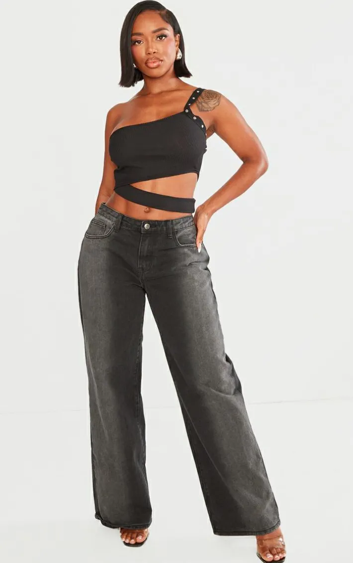 Shape Black Rib Cut Out Studded Strap Crop Top