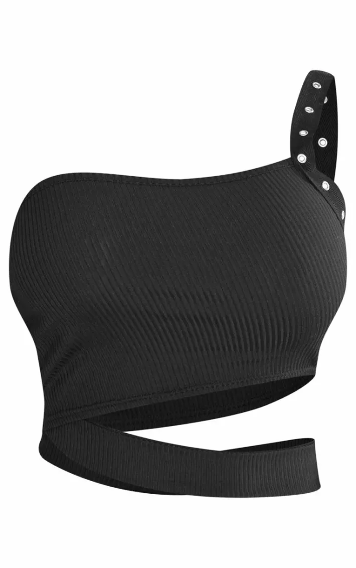 Shape Black Rib Cut Out Studded Strap Crop Top