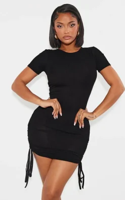 Shape Black Rib Short Sleeve Ruched Side Bodycon Dress